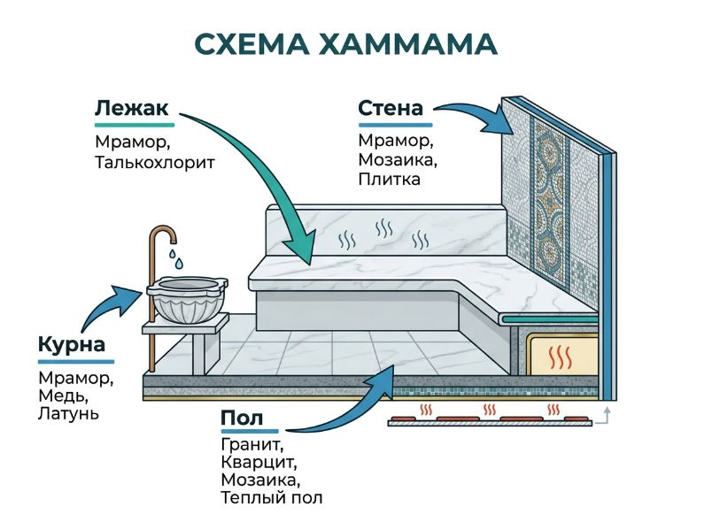 Схема зонирования и выбора камня для отделки хаммама
