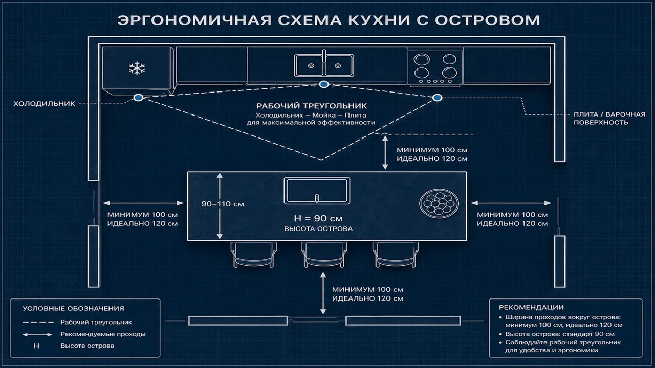Размеры и расстояние между кухней и островом на схеме.
