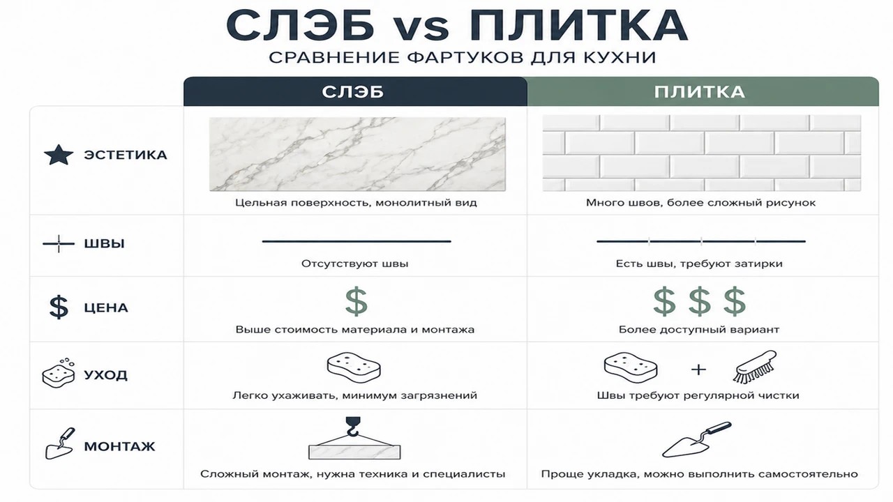 Инфографика: сравнение фартука из слэба и плитки