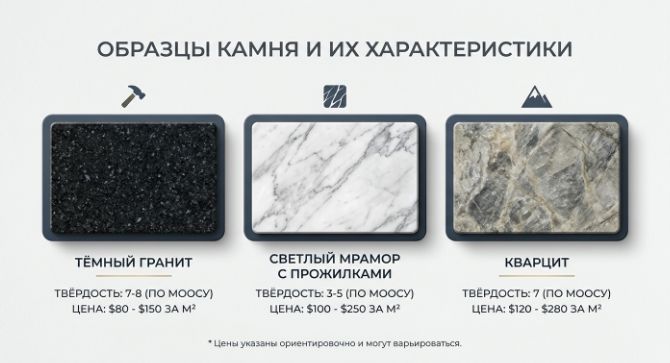 сравнение гранита, мрамора и кварцита