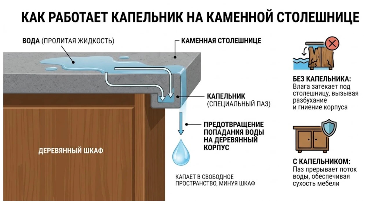 Инфографика: как работает защитный капельник на каменной столешнице